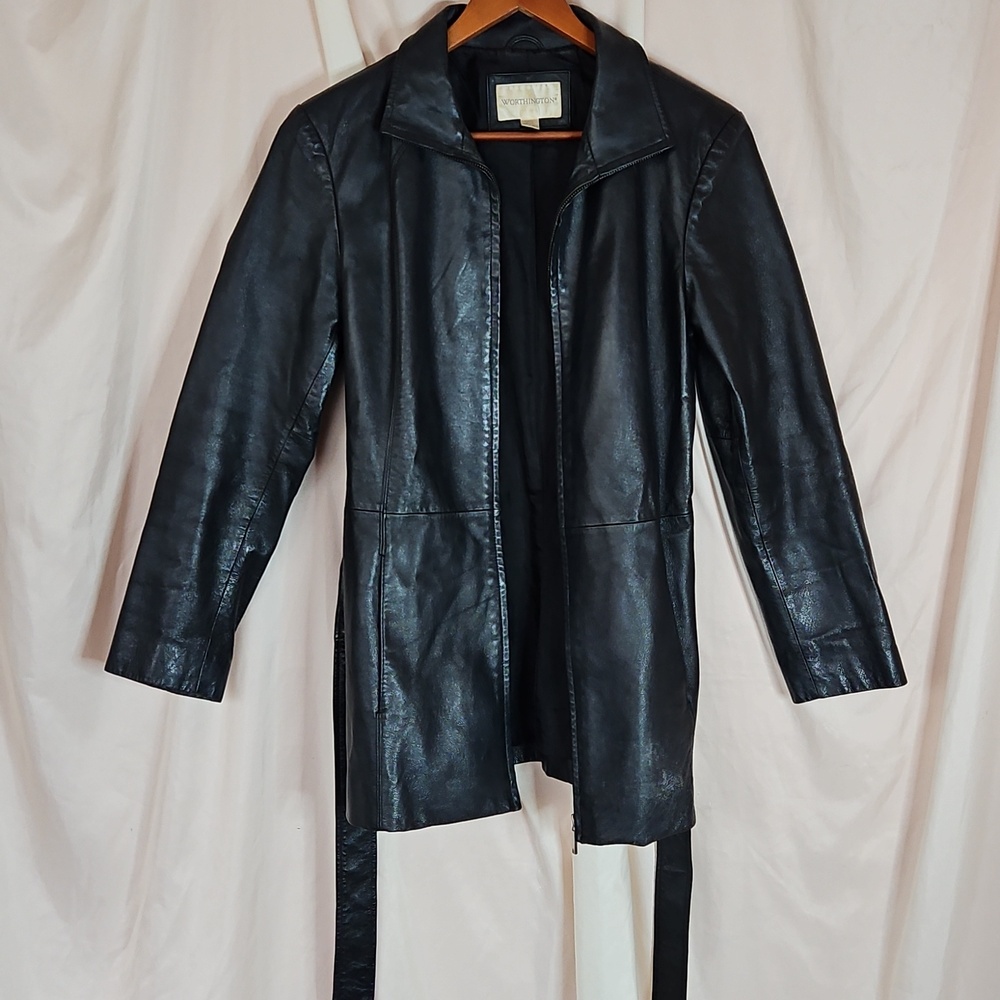Worthington Vintage Black Leather Jacket Womens Small Tie Waist Grunge 90s Cyber - Picture 5 of 11